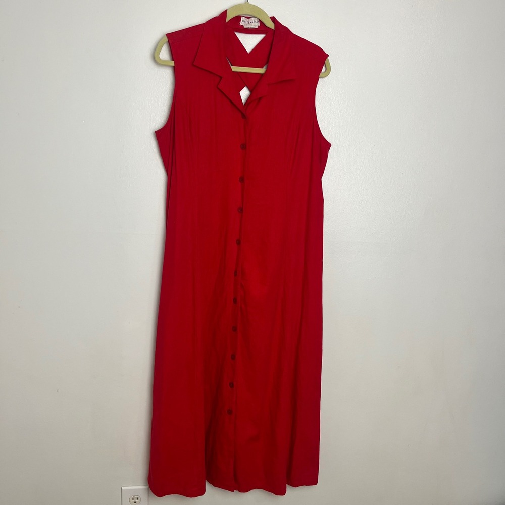VTG Linen Retro Womens Red‎ Sleeveless Button Front Midi Dress Extra Large XL